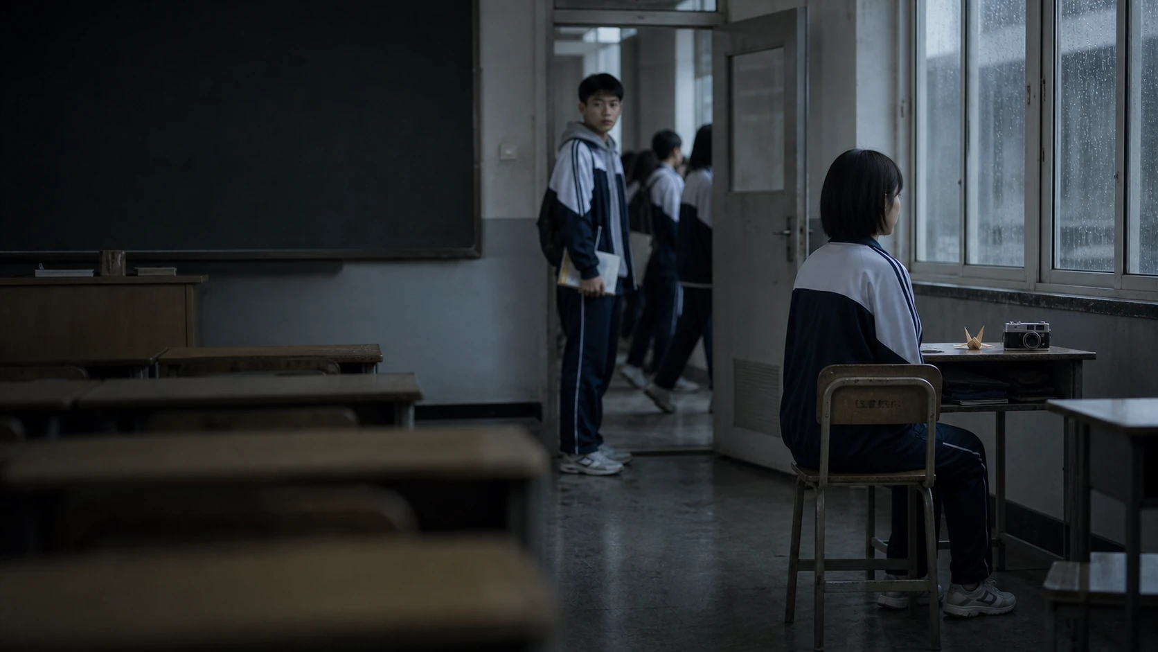 空教室里，林乔独自坐在被移开的课桌旁，沈言从门口看见
