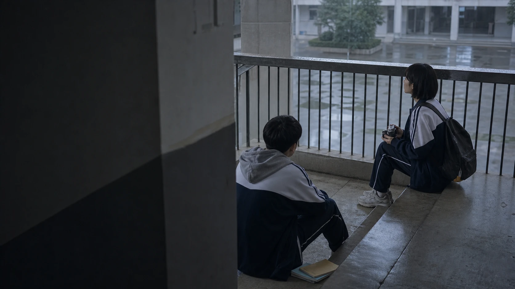 雨后楼梯间，沈言坐在低一阶的位置，林乔望向操场